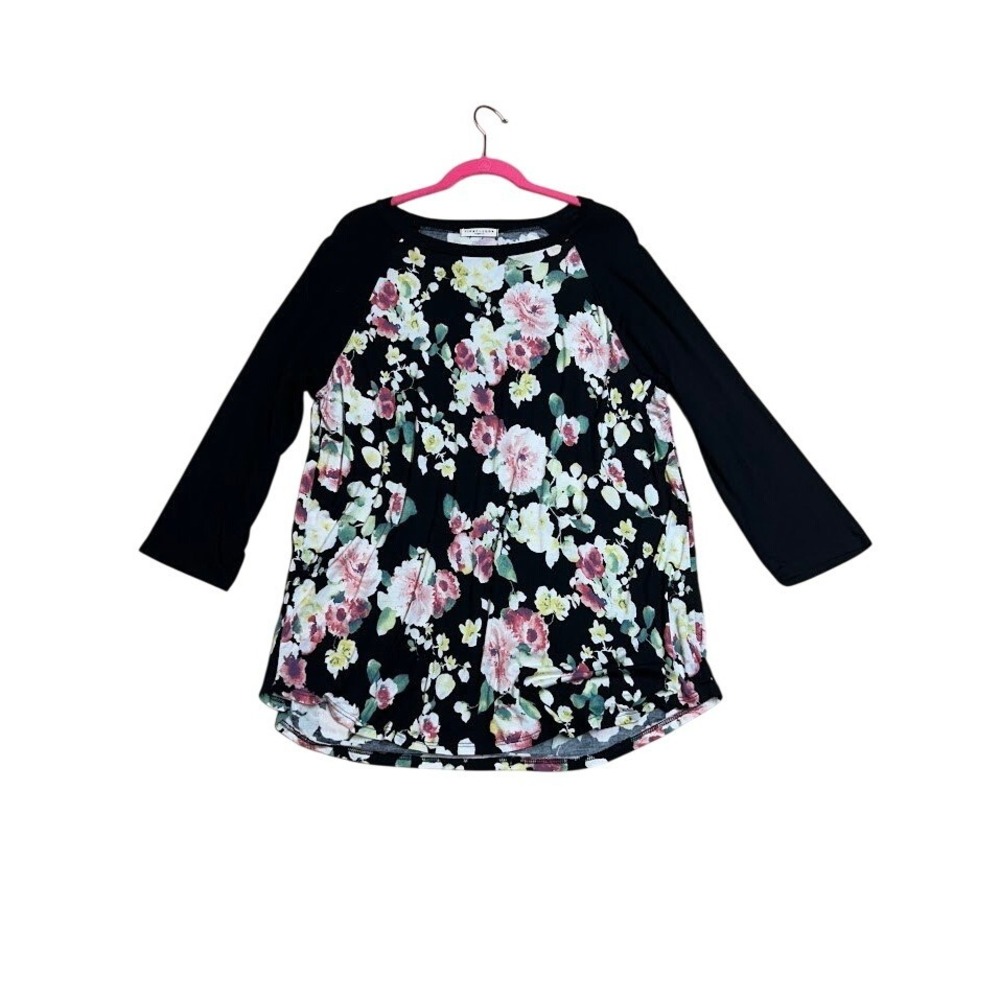 First Look Womens 3XL Floral Raglan 3/4 Sleeve Tunic Top Black‎ Pink